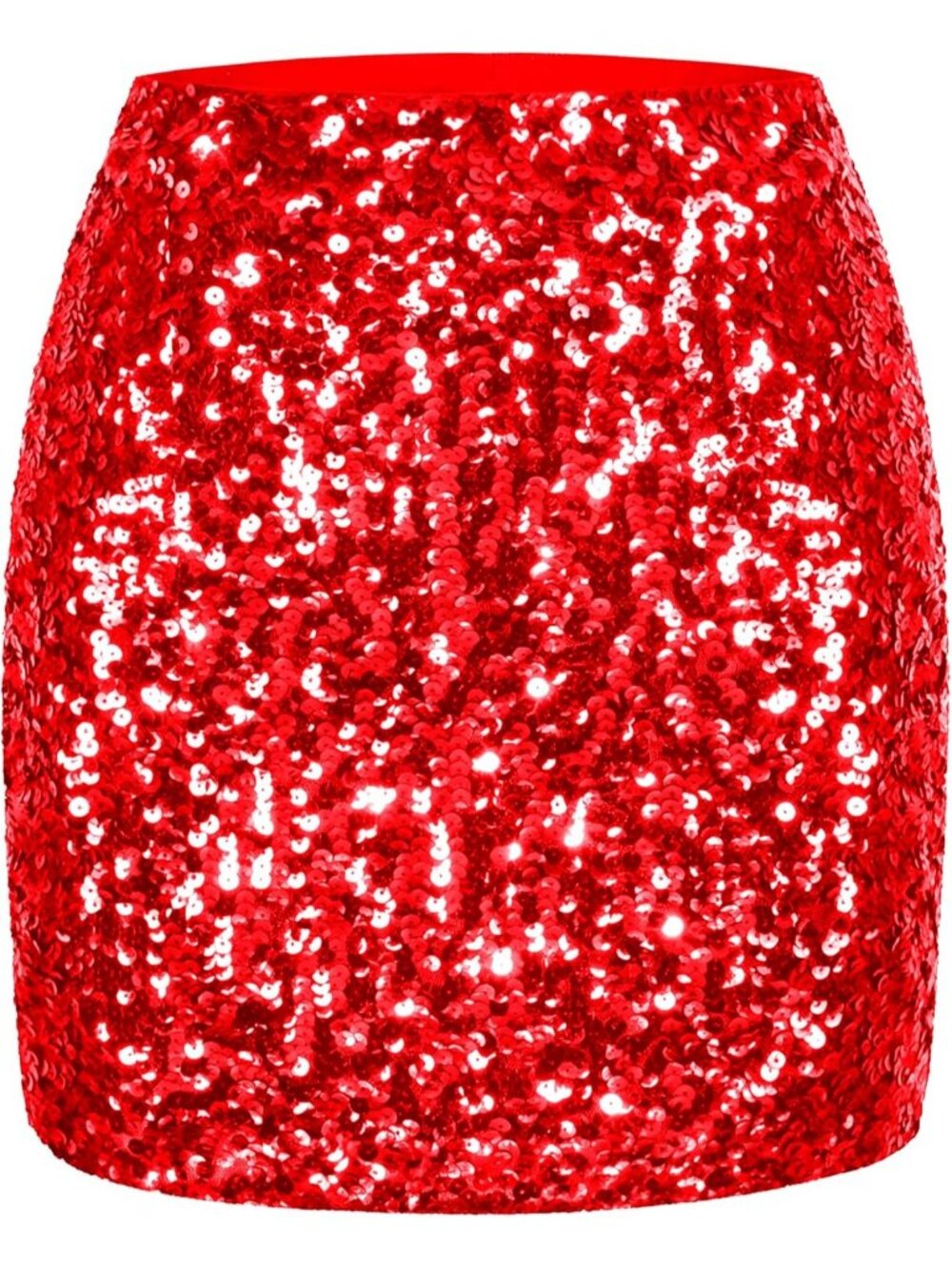 Women's Sequin Sparkle High Waist Bodycon Stretchy Pull On Red Mini Skirt